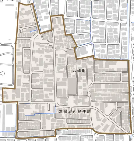 八幡町とその周辺の地図。町の範囲を重ねている