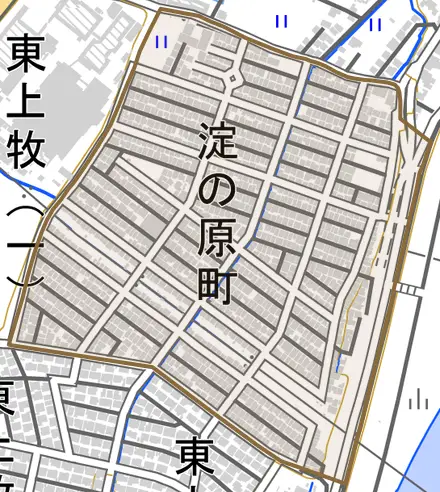 淀の原町とその周辺の地図。町の範囲を重ねている
