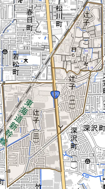 辻子とその周辺の地図。町の範囲を重ねている