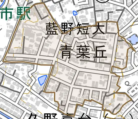 青葉丘とその周辺の地図。町の範囲を重ねている