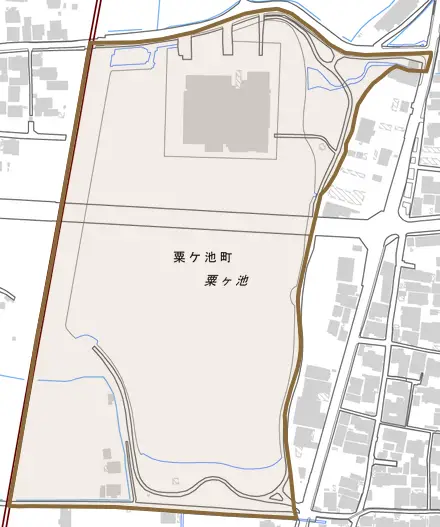 粟ケ池町とその周辺の地図。町の範囲を重ねている
