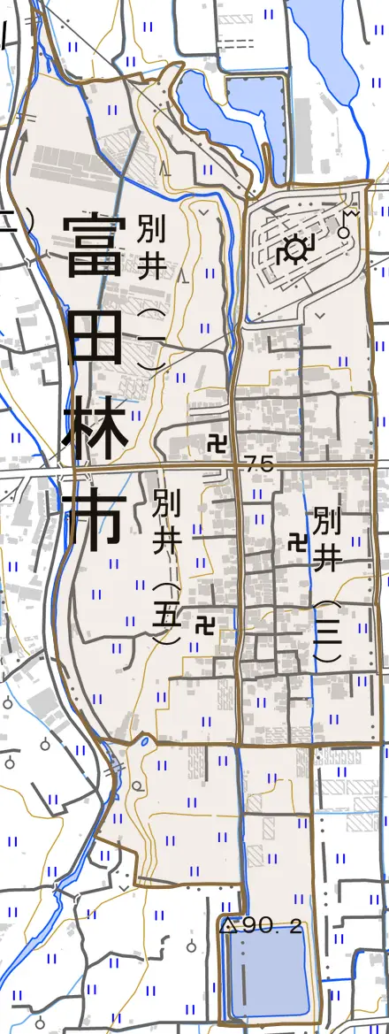 別井とその周辺の地図。町の範囲を重ねている