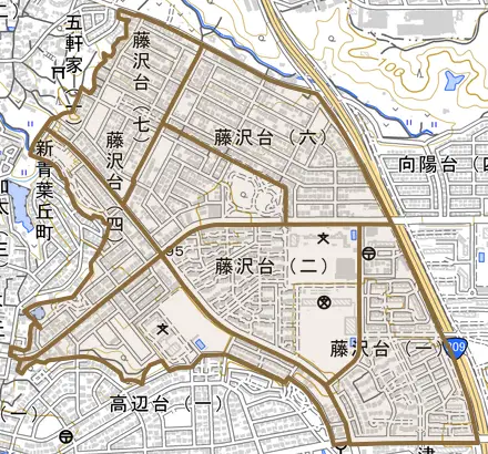 藤沢台とその周辺の地図。町の範囲を重ねている