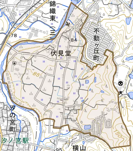 大字伏見堂とその周辺の地図。町の範囲を重ねている
