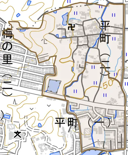 平町とその周辺の地図。町の範囲を重ねている