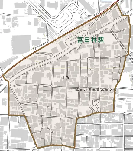 本町とその周辺の地図。町の範囲を重ねている