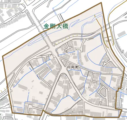 川向町とその周辺の地図。町の範囲を重ねている