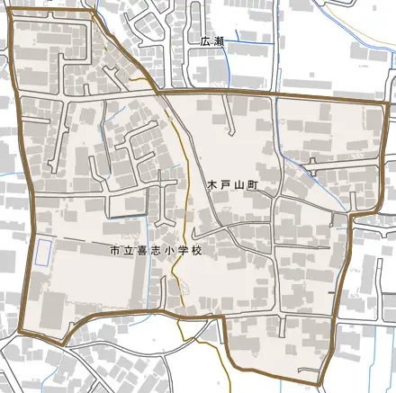 木戸山町とその周辺の地図。町の範囲を重ねている