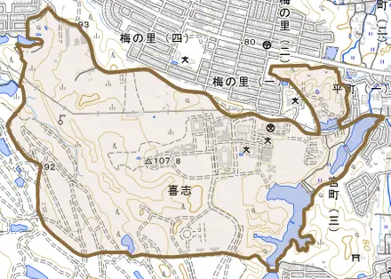 大字喜志とその周辺の地図。町の範囲を重ねている