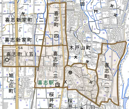 喜志町とその周辺の地図。町の範囲を重ねている