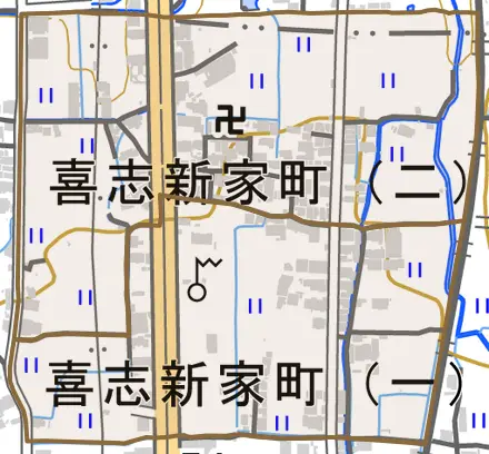 喜志新家町とその周辺の地図。町の範囲を重ねている