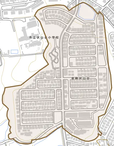金剛伏山台とその周辺の地図。町の範囲を重ねている
