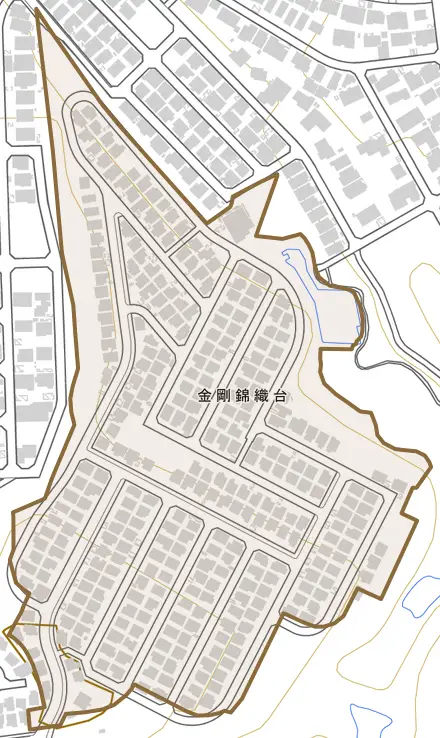 金剛錦織台とその周辺の地図。町の範囲を重ねている