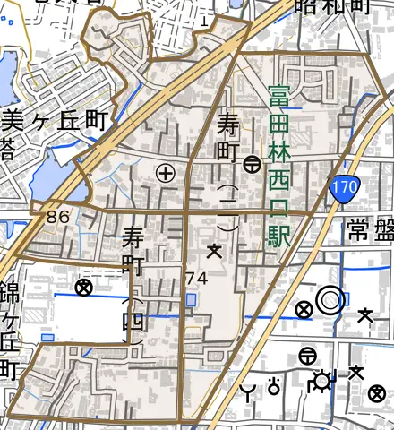 寿町とその周辺の地図。町の範囲を重ねている