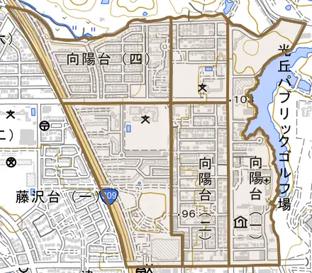 向陽台とその周辺の地図。町の範囲を重ねている