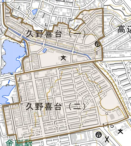 久野喜台とその周辺の地図。町の範囲を重ねている