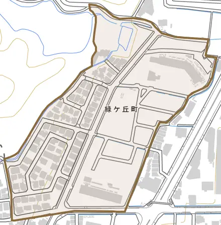 緑ケ丘町とその周辺の地図。町の範囲を重ねている