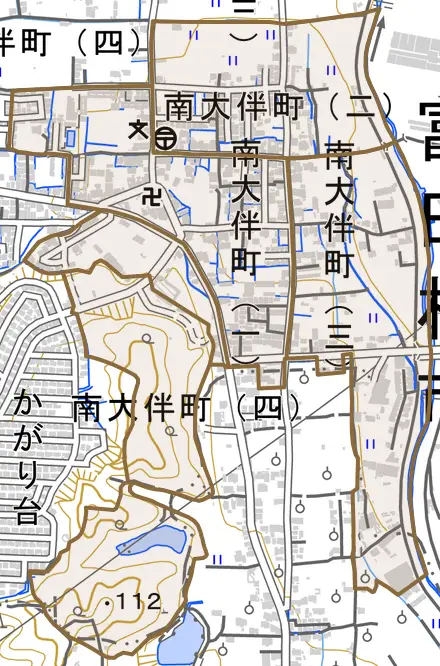 南大伴町とその周辺の地図。町の範囲を重ねている