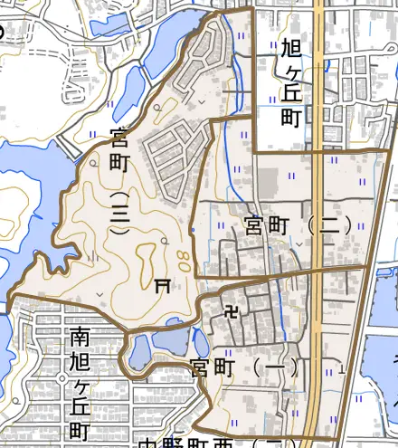 宮町とその周辺の地図。町の範囲を重ねている