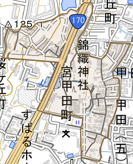 宮甲田町とその周辺の地図。町の範囲を重ねている