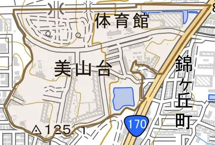美山台とその周辺の地図。町の範囲を重ねている