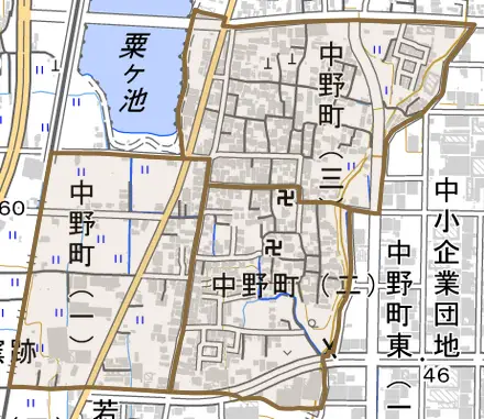 中野町とその周辺の地図。町の範囲を重ねている