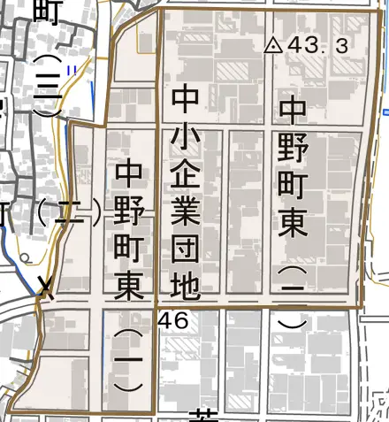 中野町東とその周辺の地図。町の範囲を重ねている