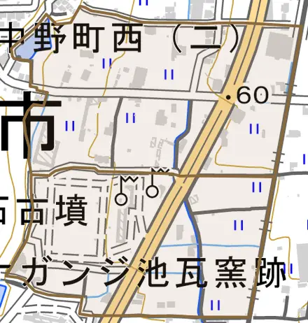 中野町西とその周辺の地図。町の範囲を重ねている