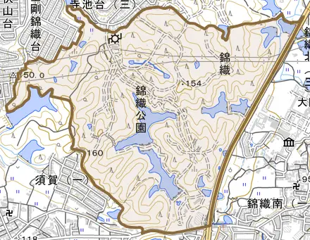 大字錦織とその周辺の地図。町の範囲を重ねている