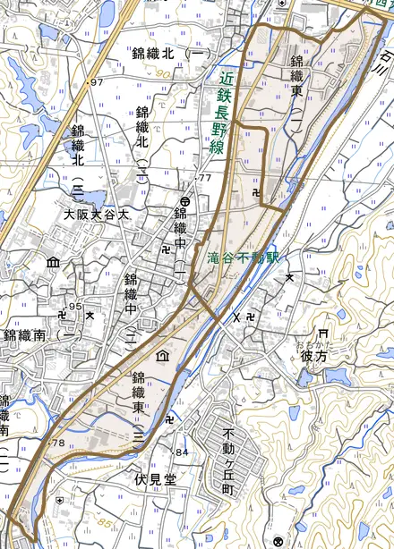 錦織東とその周辺の地図。町の範囲を重ねている