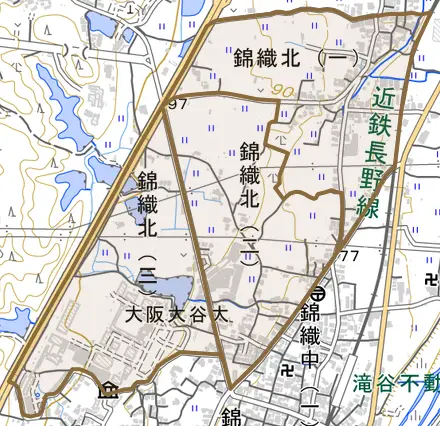錦織北とその周辺の地図。町の範囲を重ねている