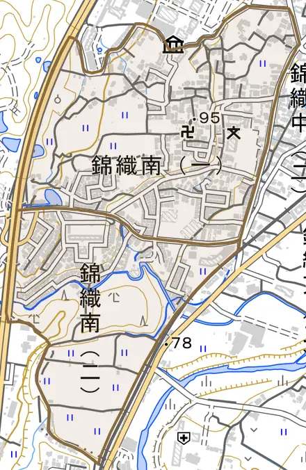 錦織南とその周辺の地図。町の範囲を重ねている