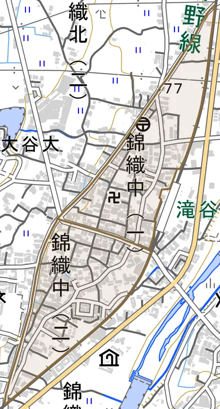 錦織中とその周辺の地図。町の範囲を重ねている