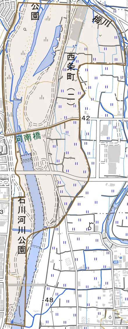 西条町とその周辺の地図。町の範囲を重ねている