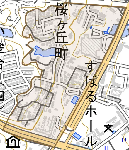 桜ケ丘町とその周辺の地図。町の範囲を重ねている