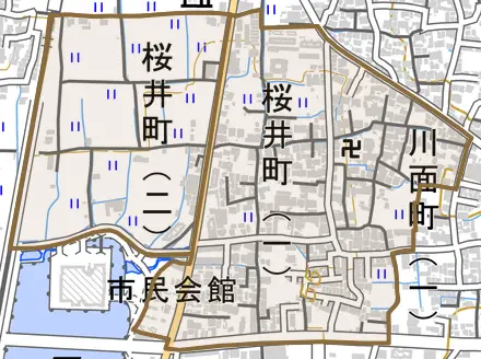 桜井町とその周辺の地図。町の範囲を重ねている
