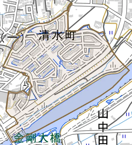 清水町とその周辺の地図。町の範囲を重ねている