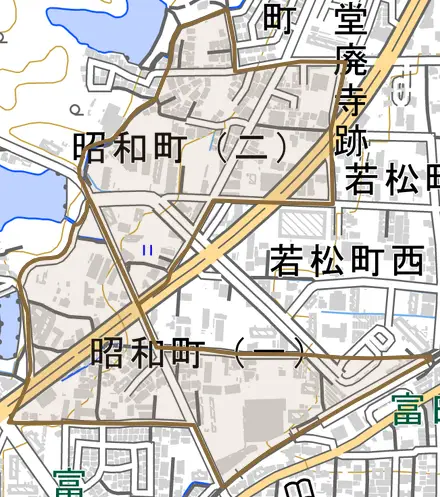 昭和町とその周辺の地図。町の範囲を重ねている