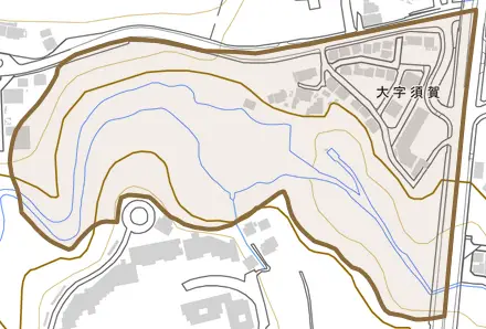 大字須賀とその周辺の地図。町の範囲を重ねている