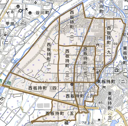 西板持町とその周辺の地図。町の範囲を重ねている