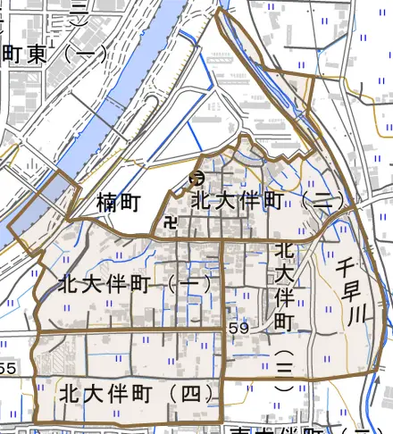 北大伴町とその周辺の地図。町の範囲を重ねている