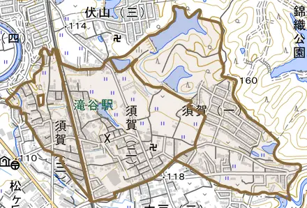 須賀とその周辺の地図。町の範囲を重ねている