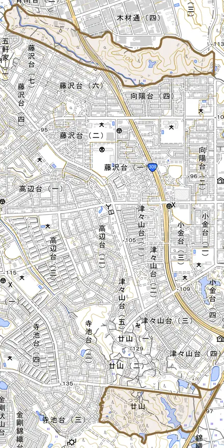 大字廿山とその周辺の地図。町の範囲を重ねている