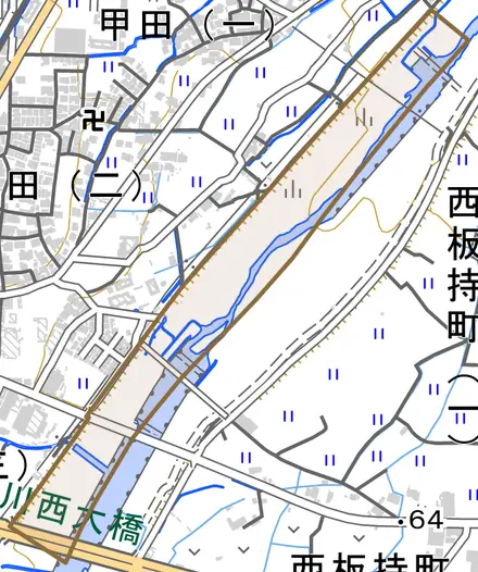 大字甲田とその周辺の地図。町の範囲を重ねている