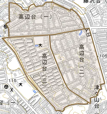 高辺台とその周辺の地図。町の範囲を重ねている