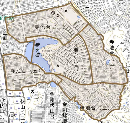 寺池台とその周辺の地図。町の範囲を重ねている