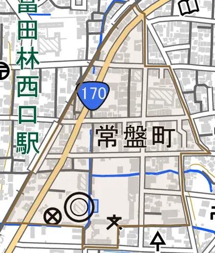 常盤町とその周辺の地図。町の範囲を重ねている