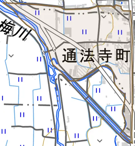 通法寺町とその周辺の地図。町の範囲を重ねている