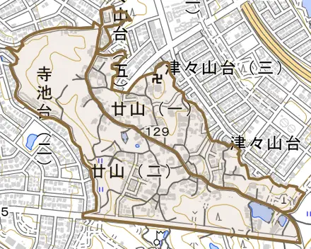 廿山とその周辺の地図。町の範囲を重ねている