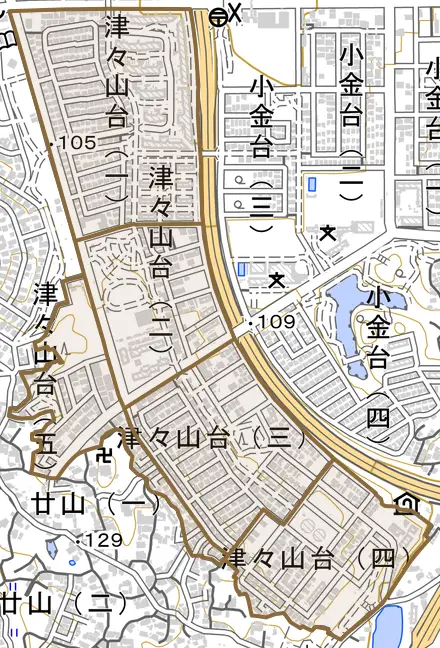 津々山台とその周辺の地図。町の範囲を重ねている